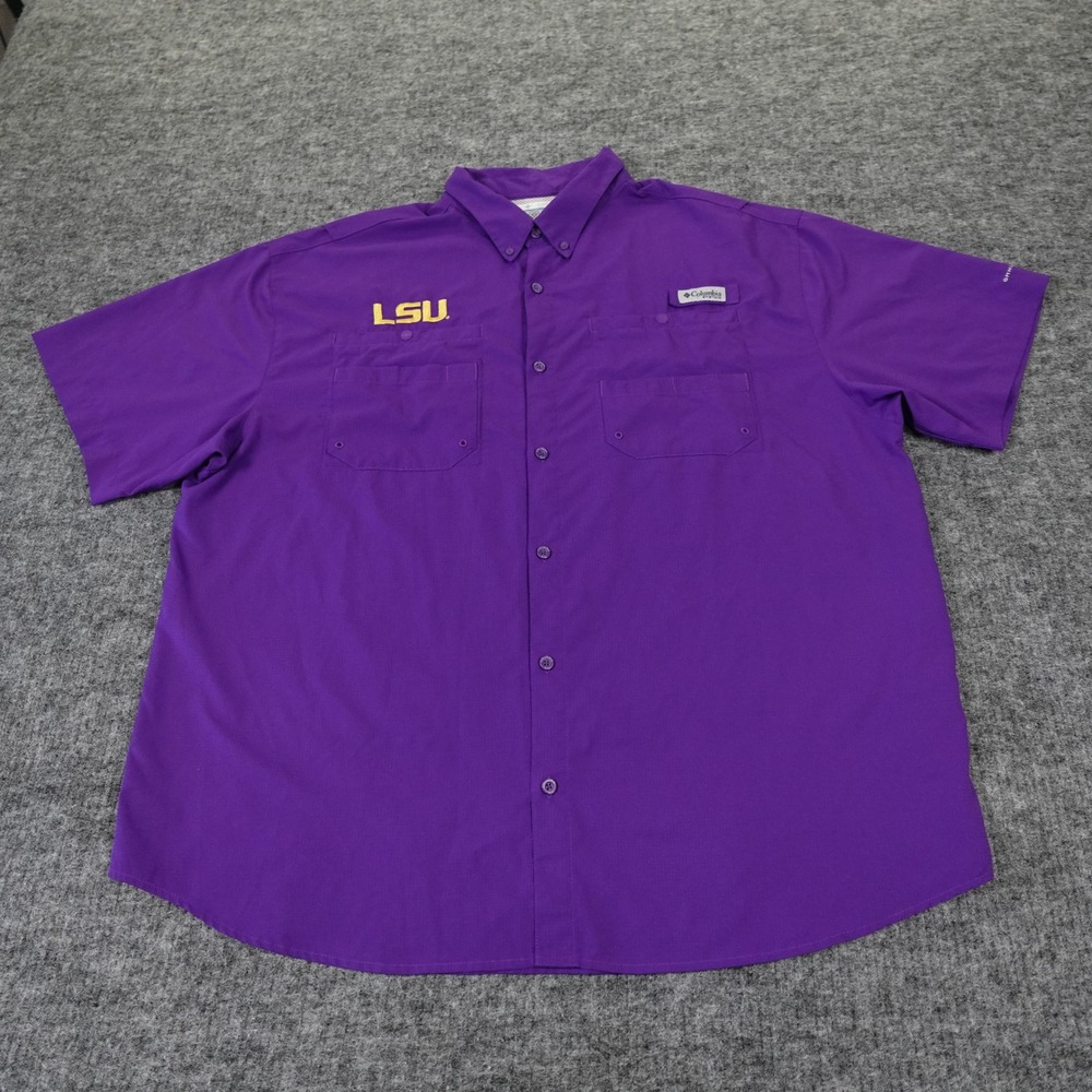 Columbia PFG LSU Tigers‎ Shirt Mens XXL Purple Short Sleeve Omni-Shade Fishing
